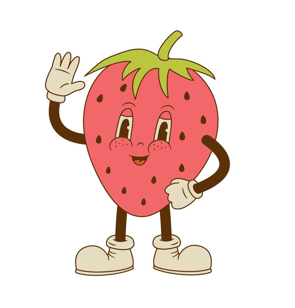 Funny strawberry mascot waves hand isolated on white background. Cute retro cartoon berry character vector illustration. Natural vegan food