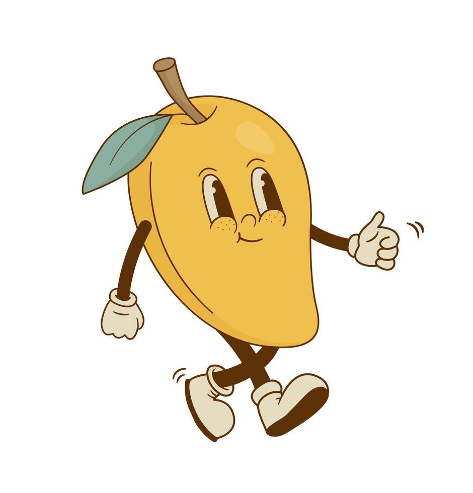 Clásico mango mascota aislado en blanco antecedentes. cómic retro dibujos animados tropical Fruta personaje vector ilustración. sano vegano comida