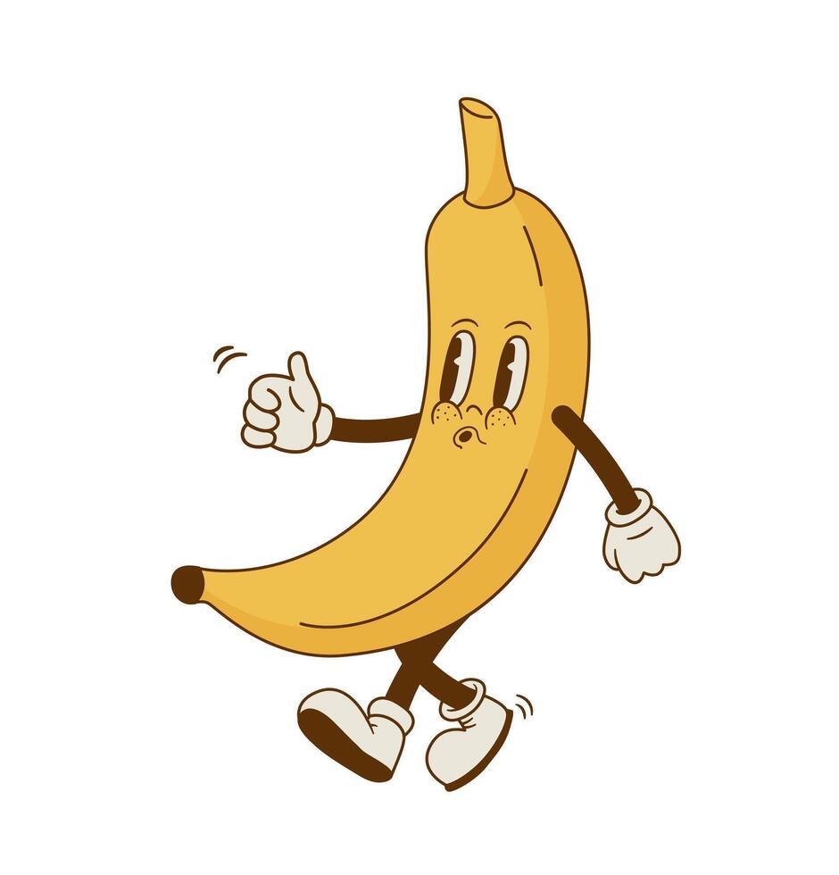 Vintage going banana mascot vector illustration. Happy retro cartoon tropical fruit character on white background. Groovy style.