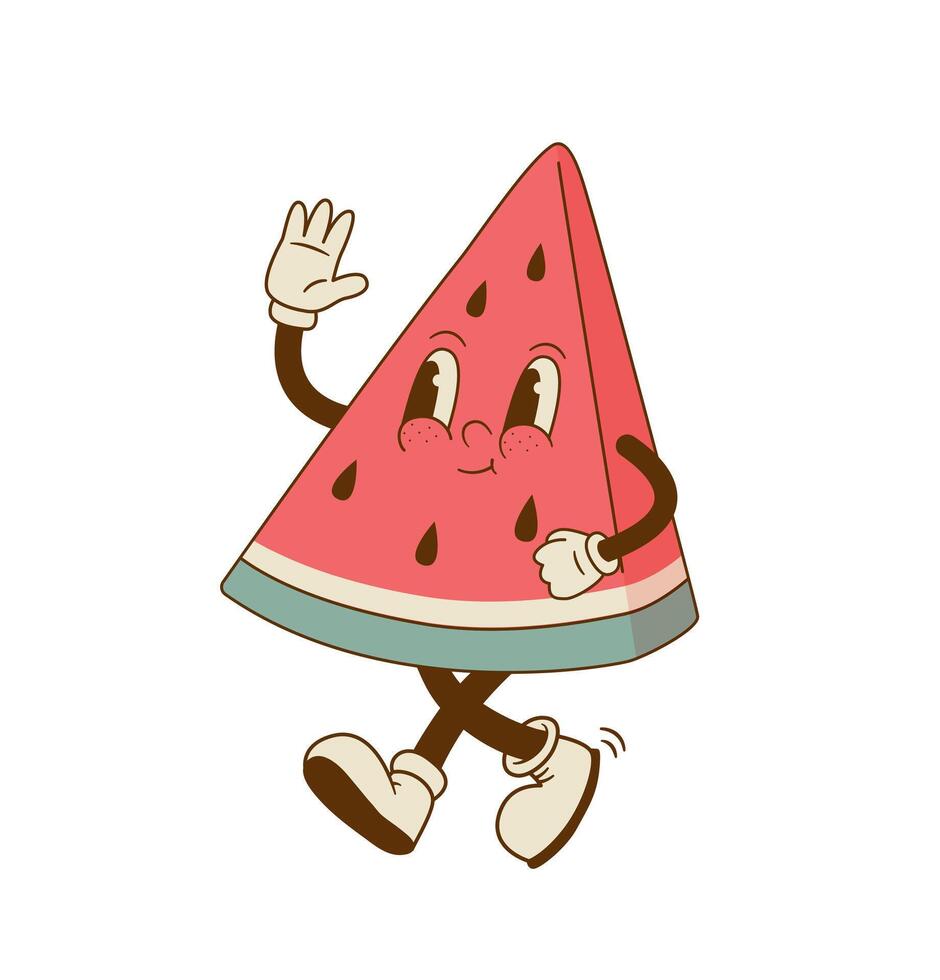 Happy mascot of watermelon vector illustration. Funny retro cartoon fruit character on white background. Groovy style.