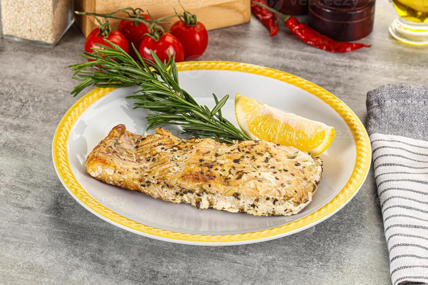 Baked salmon fish served rosemary photo