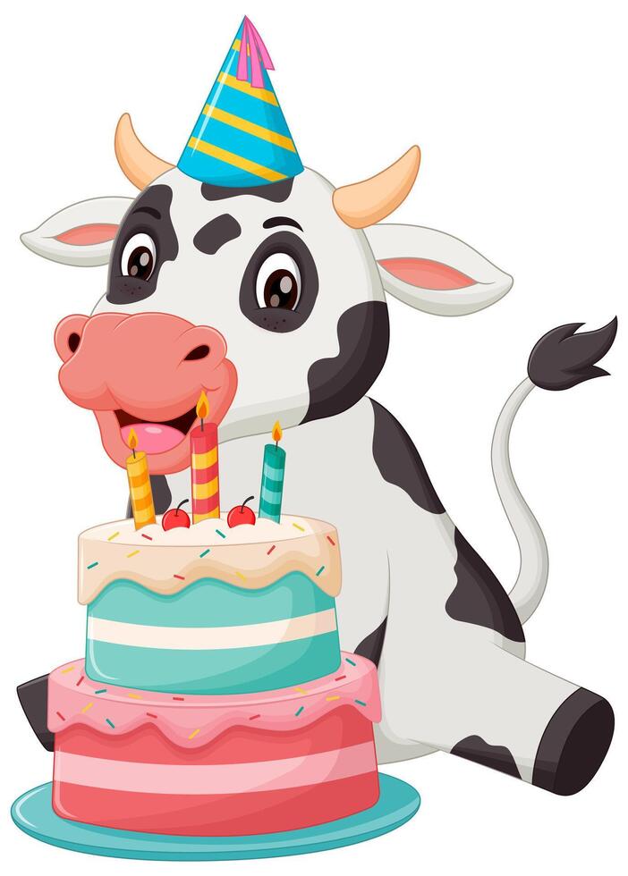 Cute Cow Cartoon with Birthday Cake Vector Illustration. Animal Nature Icon Concept Isolated Premium Vector