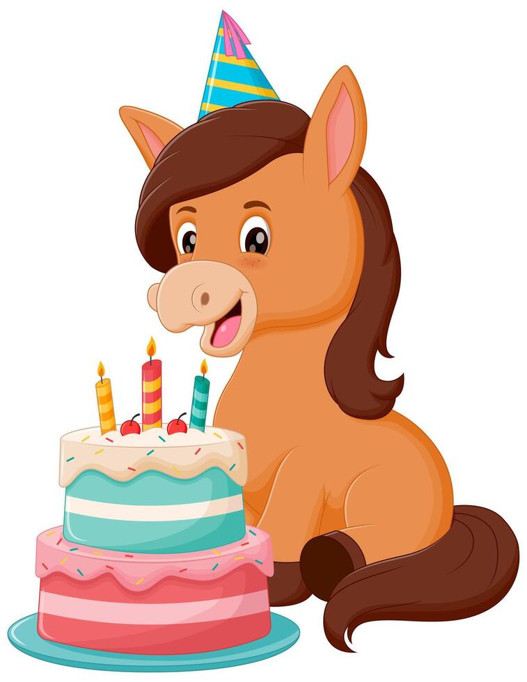 linda caballo dibujos animados con cumpleaños pastel vector ilustración. animal naturaleza icono concepto aislado prima vector