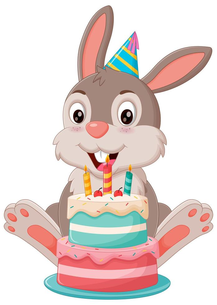 Cute Bunny Cartoon with Birthday Cake Vector Illustration. Animal Nature Icon Concept Isolated Premium Vector