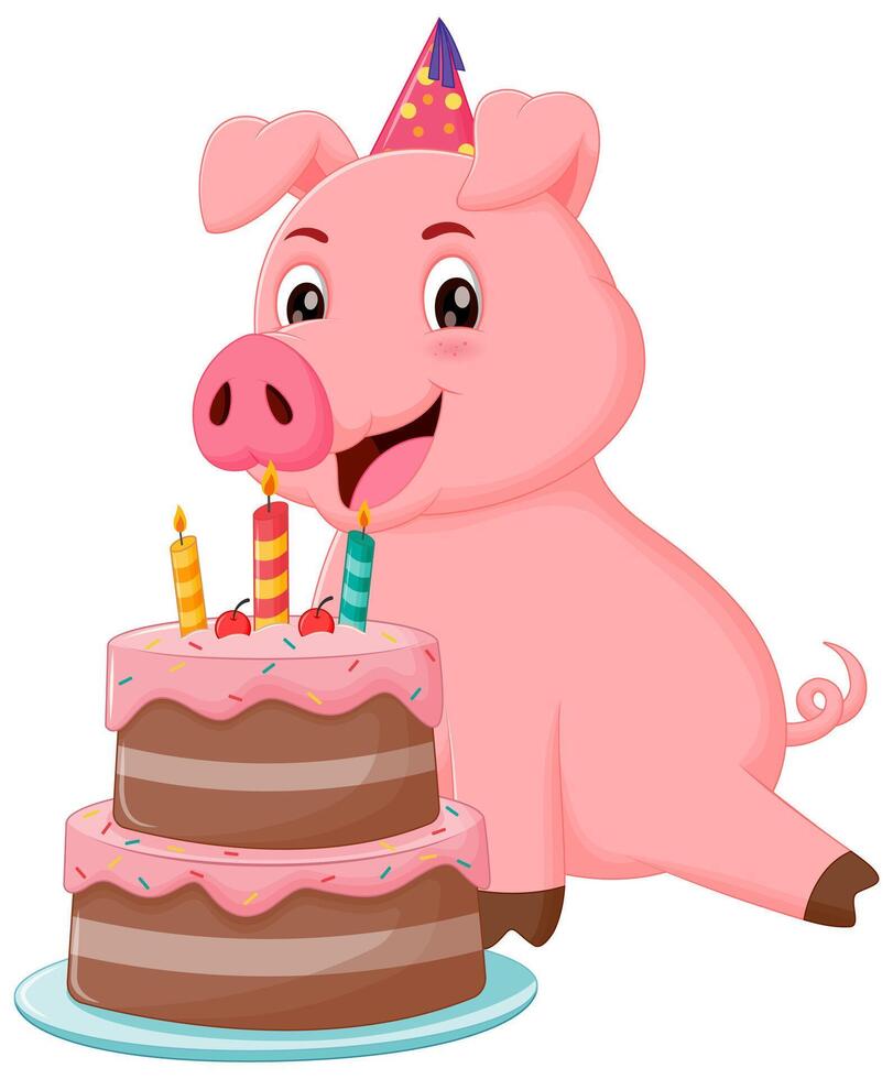 Cute Pig Cartoon with Birthday Cake Vector Illustration. Animal Nature Icon Concept Isolated Premium Vector