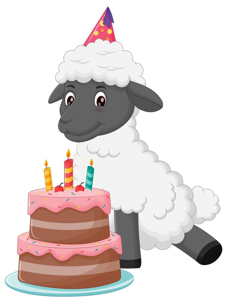 Cute Sheep Cartoon with Birthday Cake Vector Illustration. Animal Nature Icon Concept Isolated Premium Vector