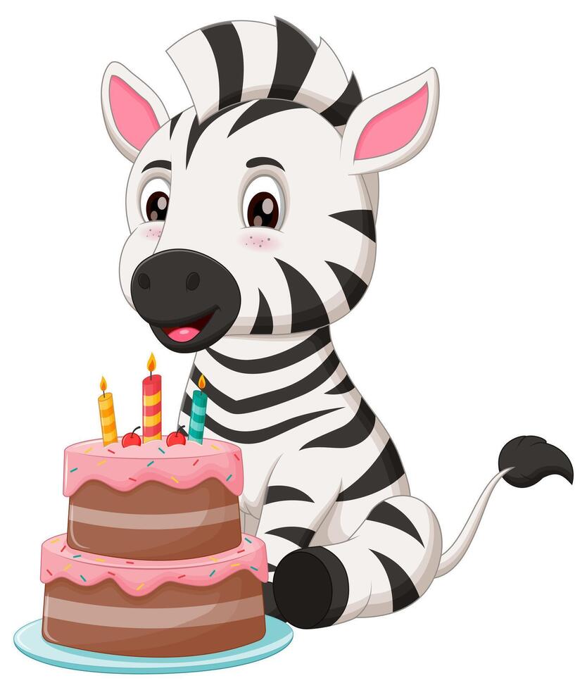 Cute Zebra Cartoon with Birthday Cake Vector Illustration. Animal Nature Icon Concept Isolated Premium Vector