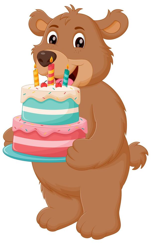 Cute Bear Cartoon Holding Birthday Cake Vector Illustration. Animal Nature Icon Concept Isolated Premium Vector