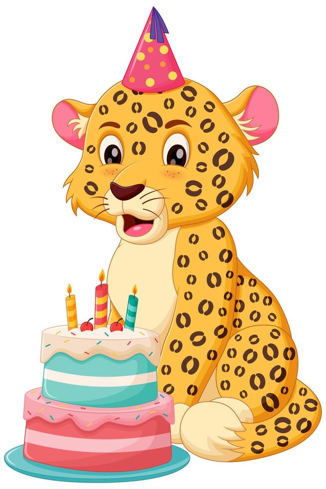 linda leopardo dibujos animados con cumpleaños pastel vector ilustración. animal naturaleza icono concepto aislado prima vector