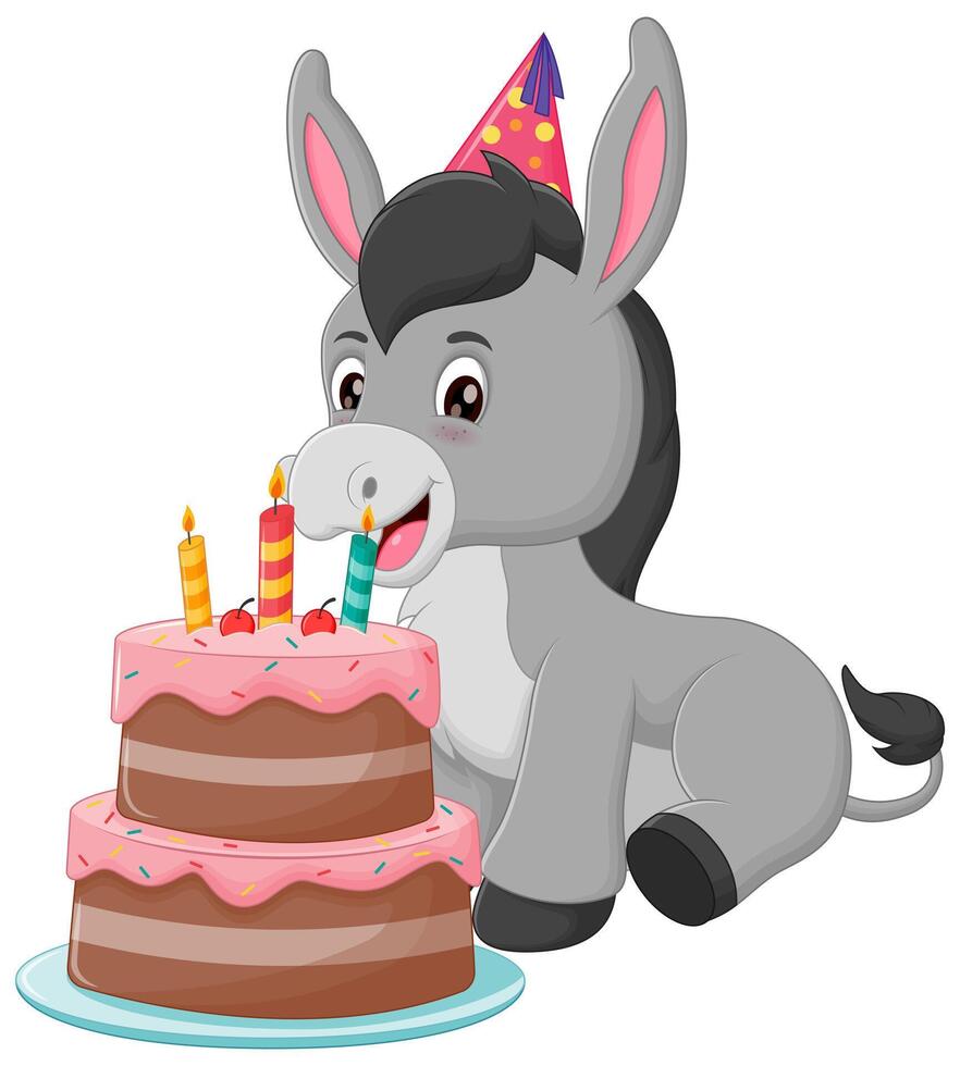 Cute Donkey Cartoon with Birthday Cake Vector Illustration. Animal Nature Icon Concept Isolated Premium Vector