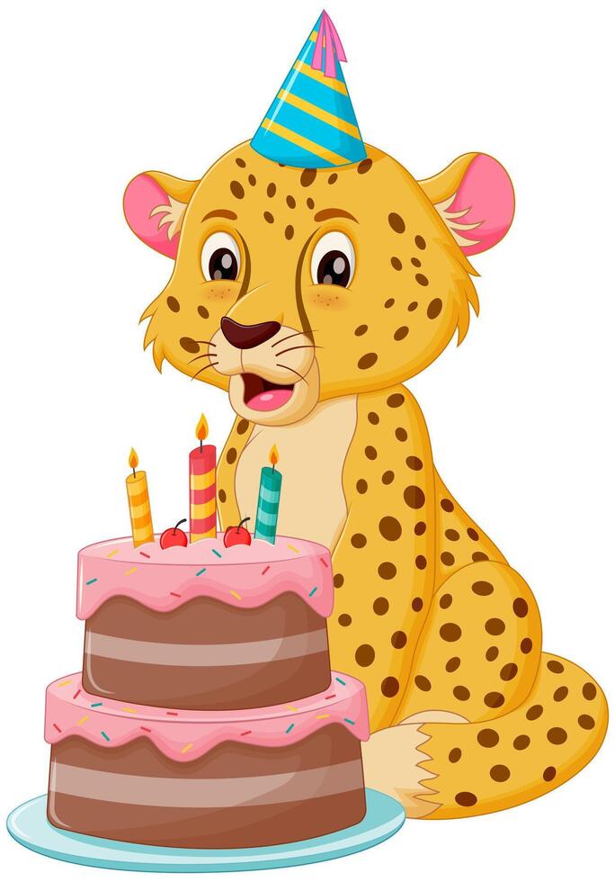 Cute Cheetah Cartoon with Birthday Cake Vector Illustration. Animal Nature Icon Concept Isolated Premium Vector