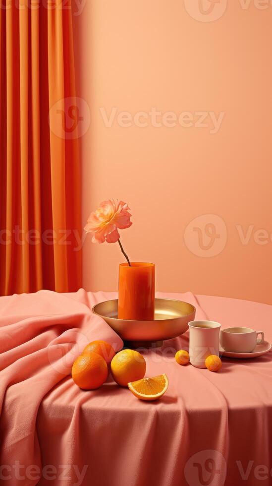 AI generated Orange Aesthetic with Citrus and Flower on Elegant Drapery. Background for Instagram Story, Banner photo