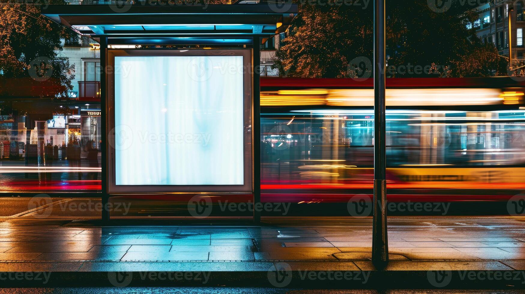 AI generated Empty Urban Billboard at Night, Ready for Mockup Display. photo