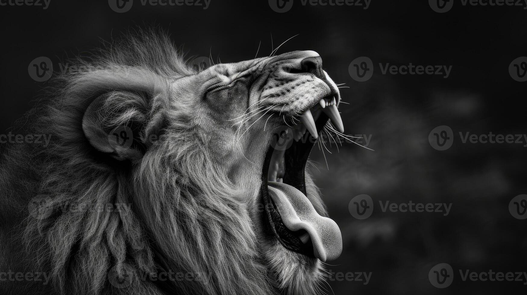 ai generado negro y blanco león bostezando con lleno dientes mostrar. foto