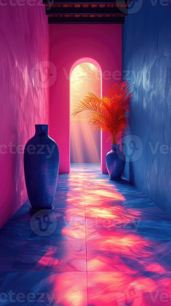 AI generated Radiant Sunlight Casting Warm Glow in Colorful Hallway. Background for Instagram Story, Banner photo