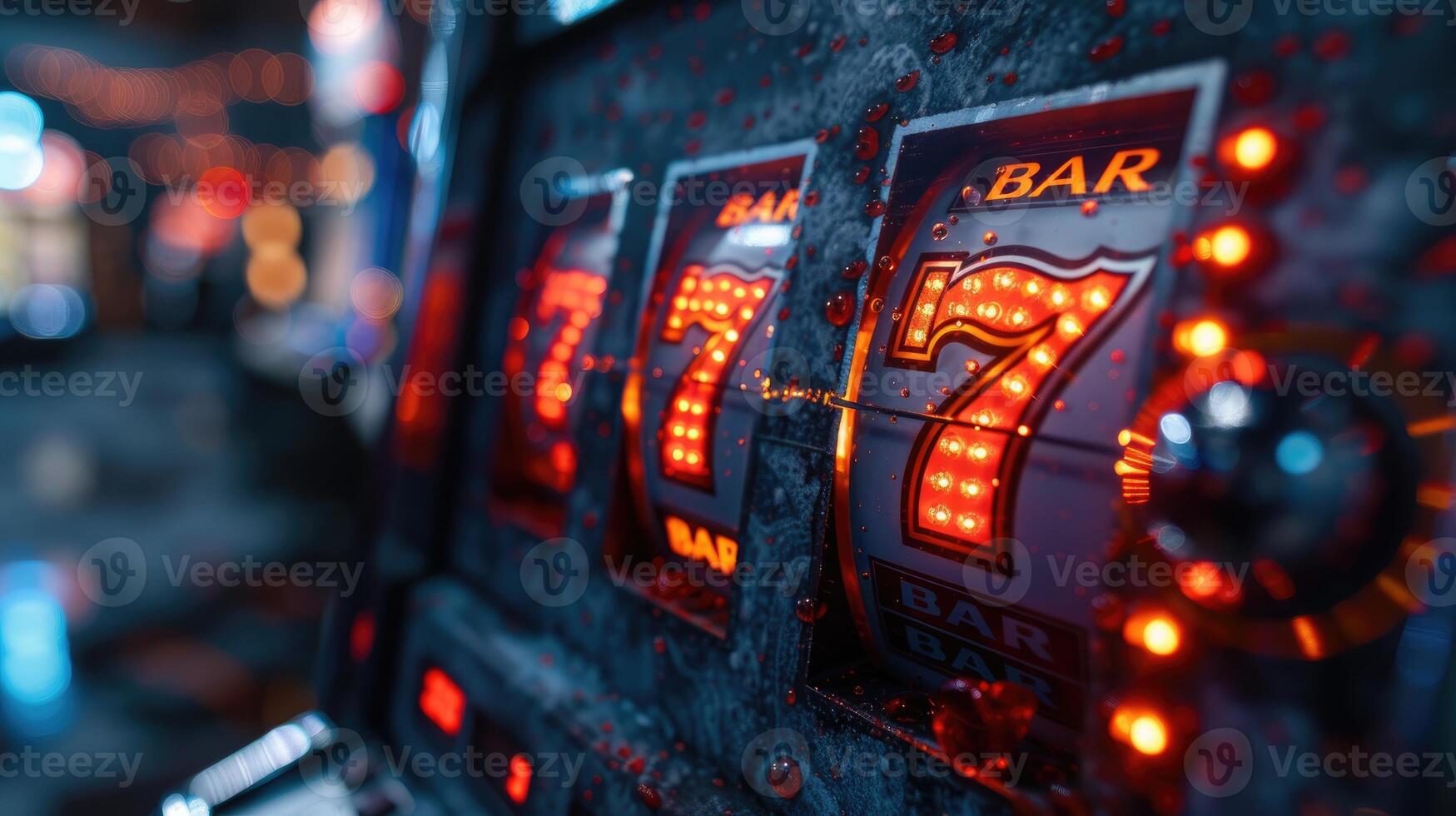 AI generated Slot Machine Displaying Lucky Sevens and Bar Symbols. photo