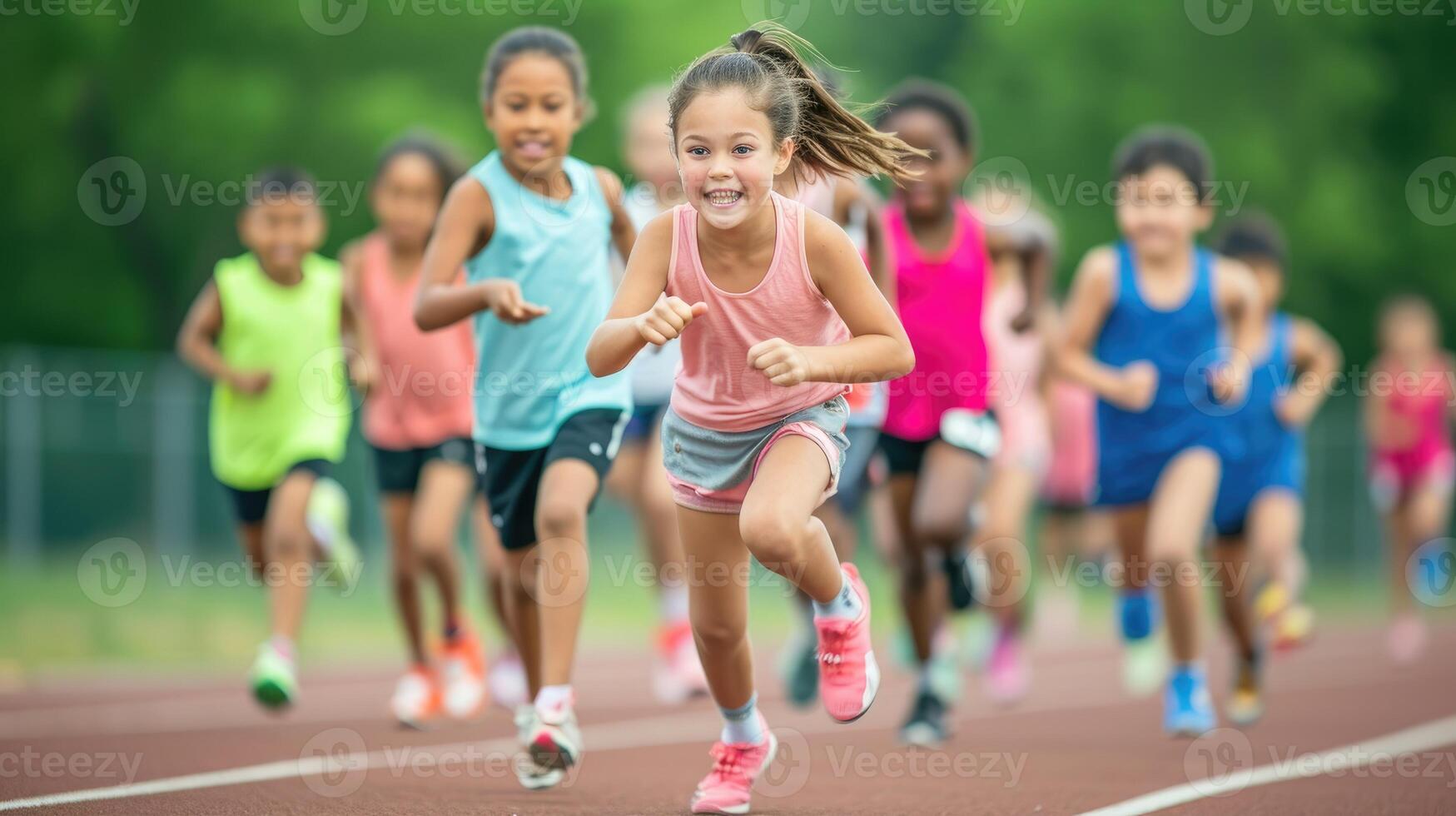 ai generado joven niños carreras en pista, lleno de alegría y energía. foto