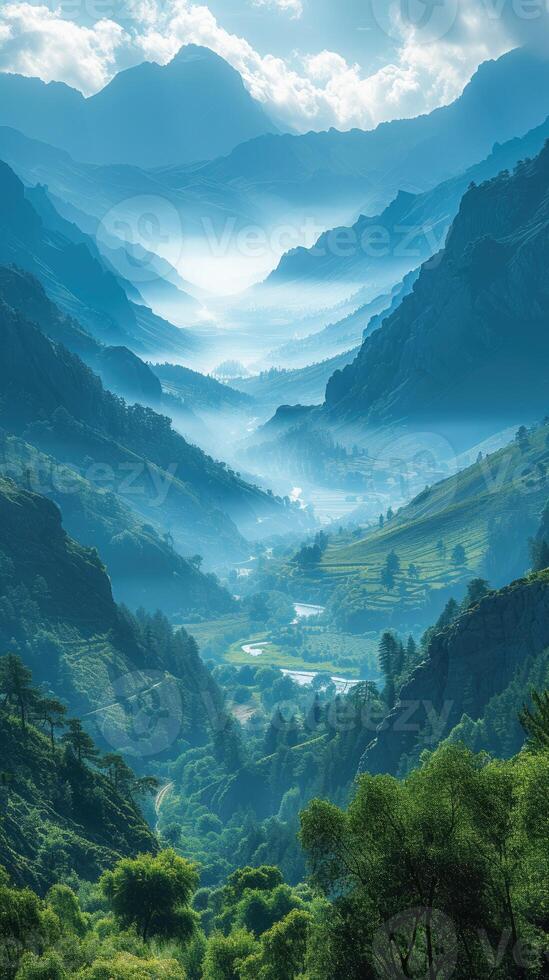 AI generated Serene Alpine Majesty Under a Crisp Morning Sky. Background for Instagram Story, Banner photo