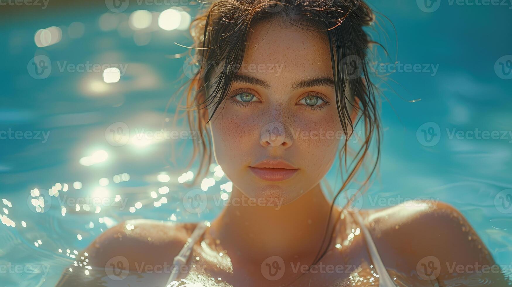 AI generated Lady sunbathing while lying on sunbed next to swimming pool. photo