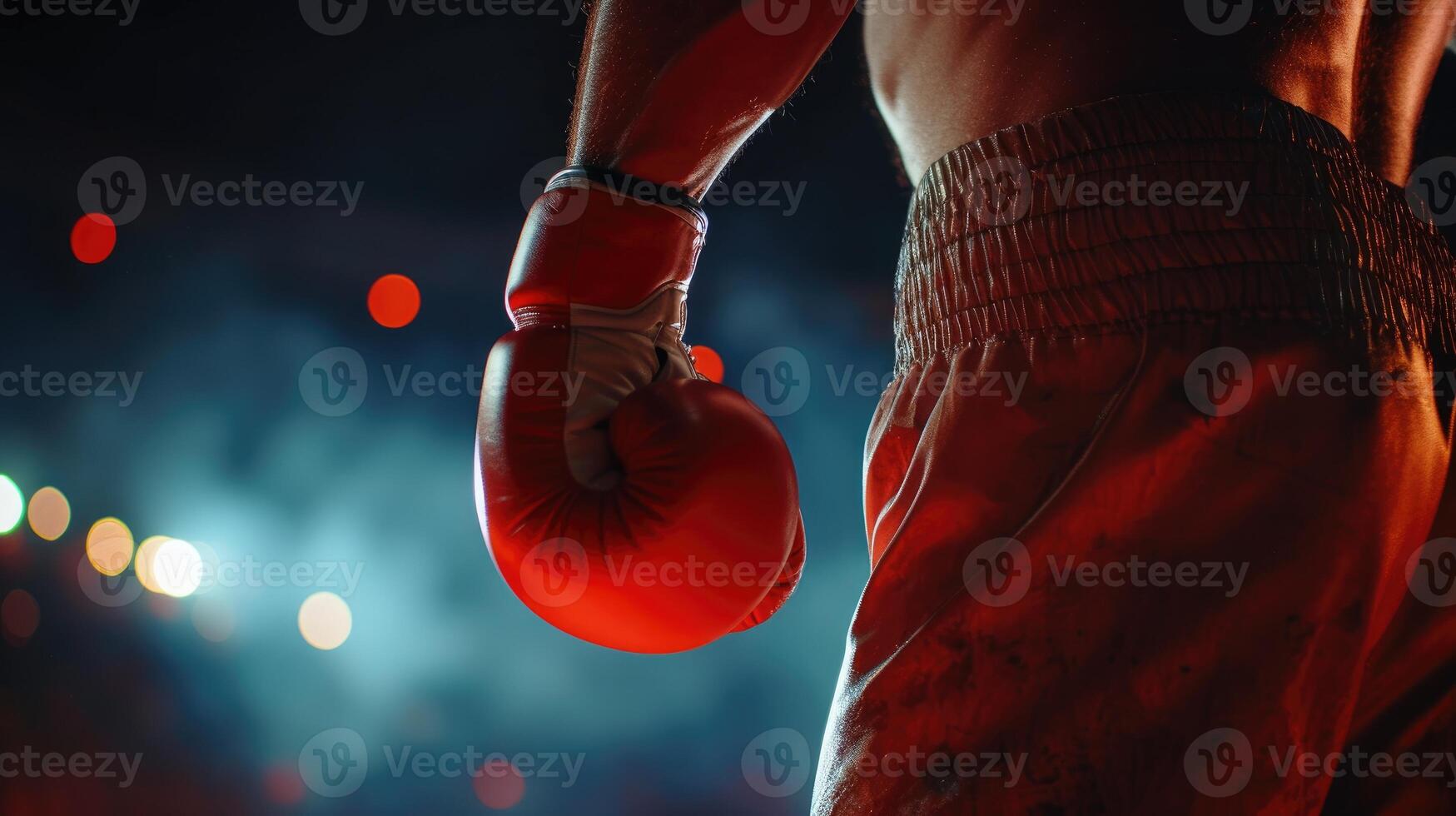 AI generated Close-Up Boxer Ready in Ring with Red Boxing Gloves. photo