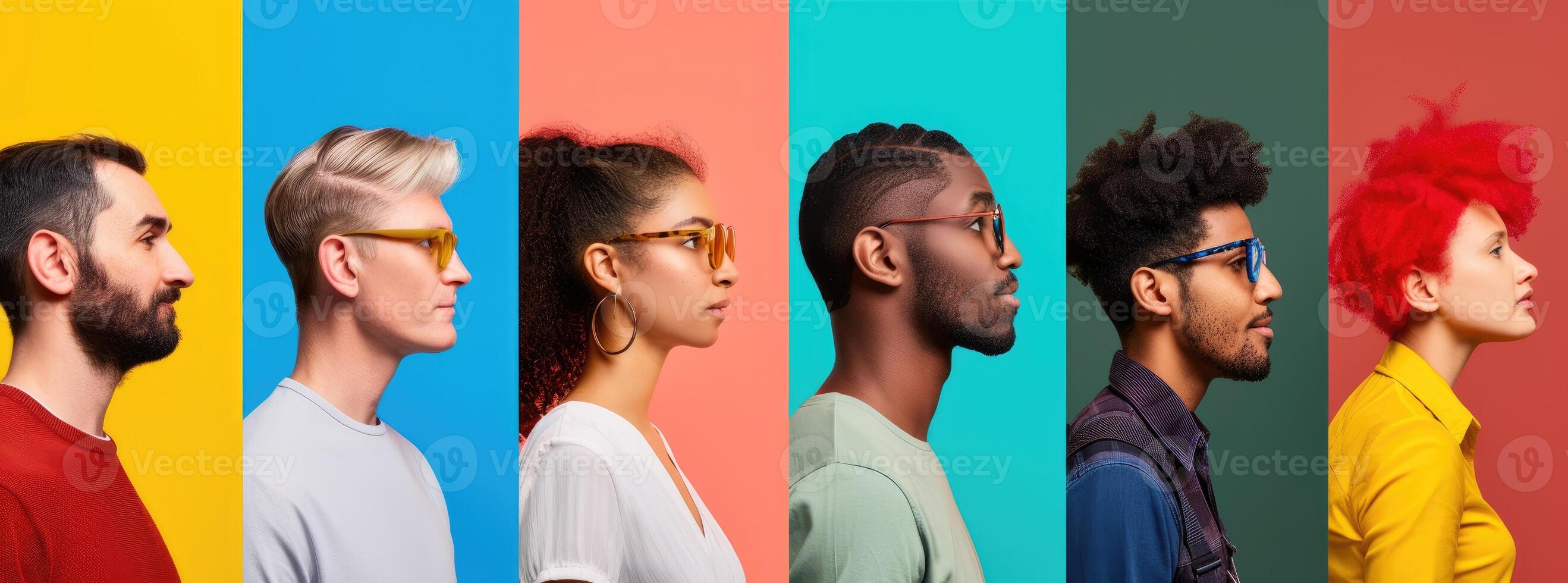 AI generated Diverse Individuals Profiled Against Bold, Colorful Backgrounds. photo