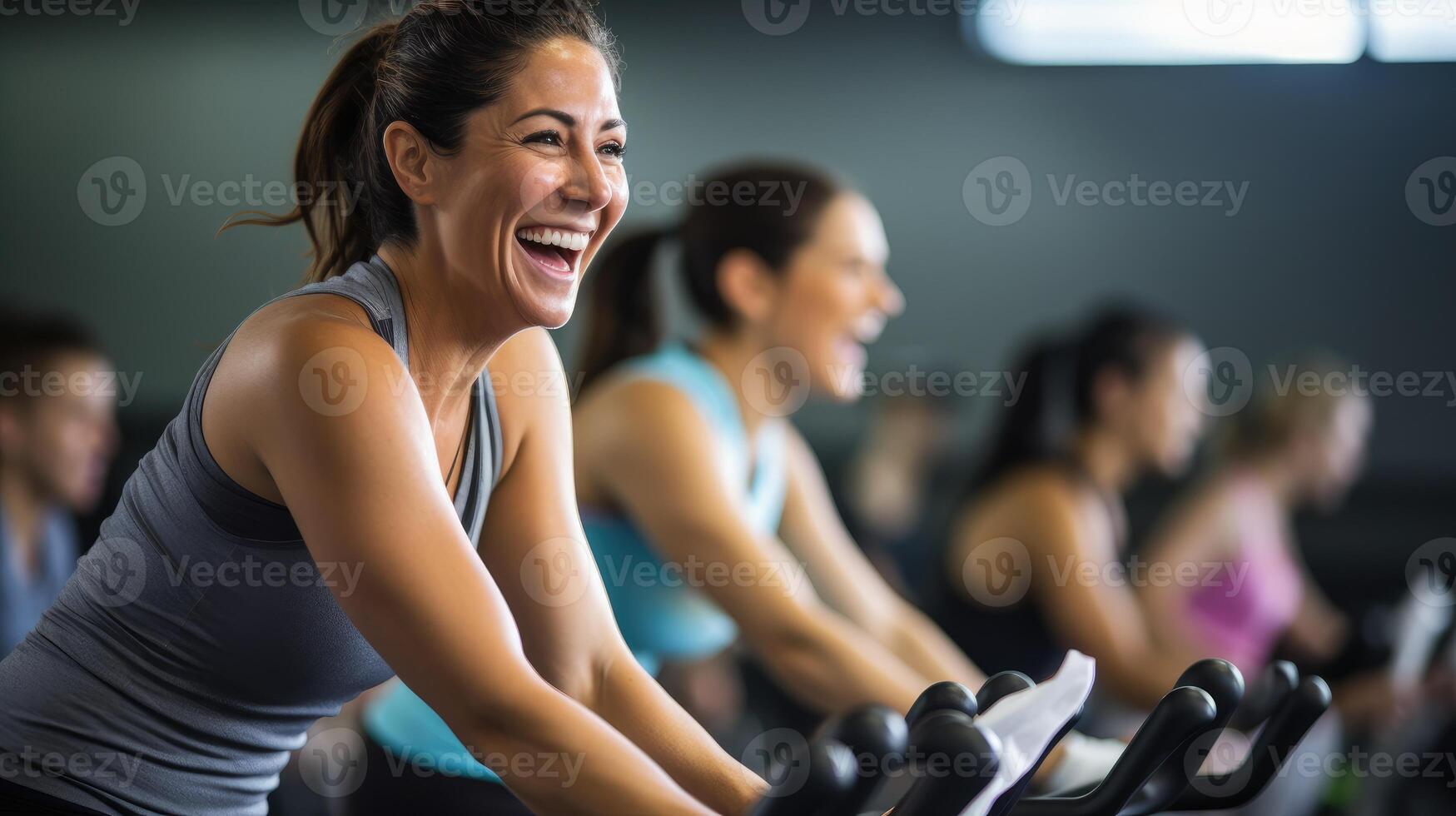 AI generated Energetic Fitness Class Enjoying a Group Cycling Workout photo