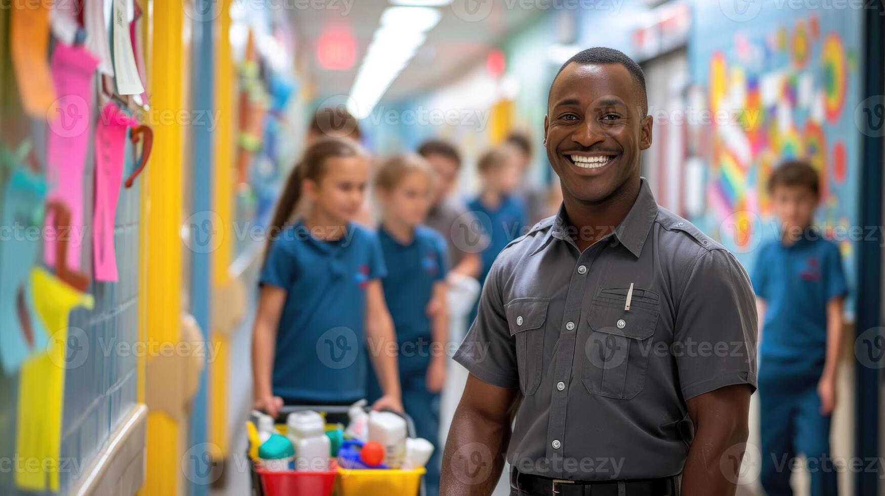 AI generated Smiling Janitor in Colorful School Hallway. photo