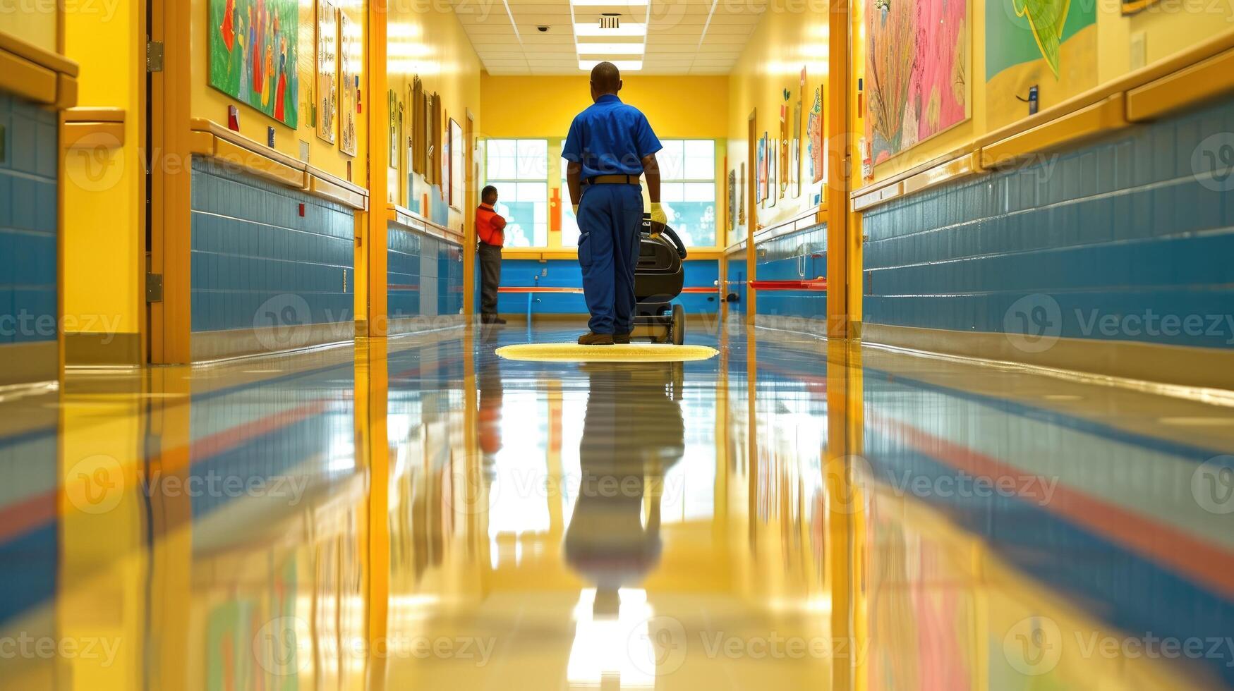 AI generated School Janitor Diligently Cleans Hallway with Floor Scrubber. photo