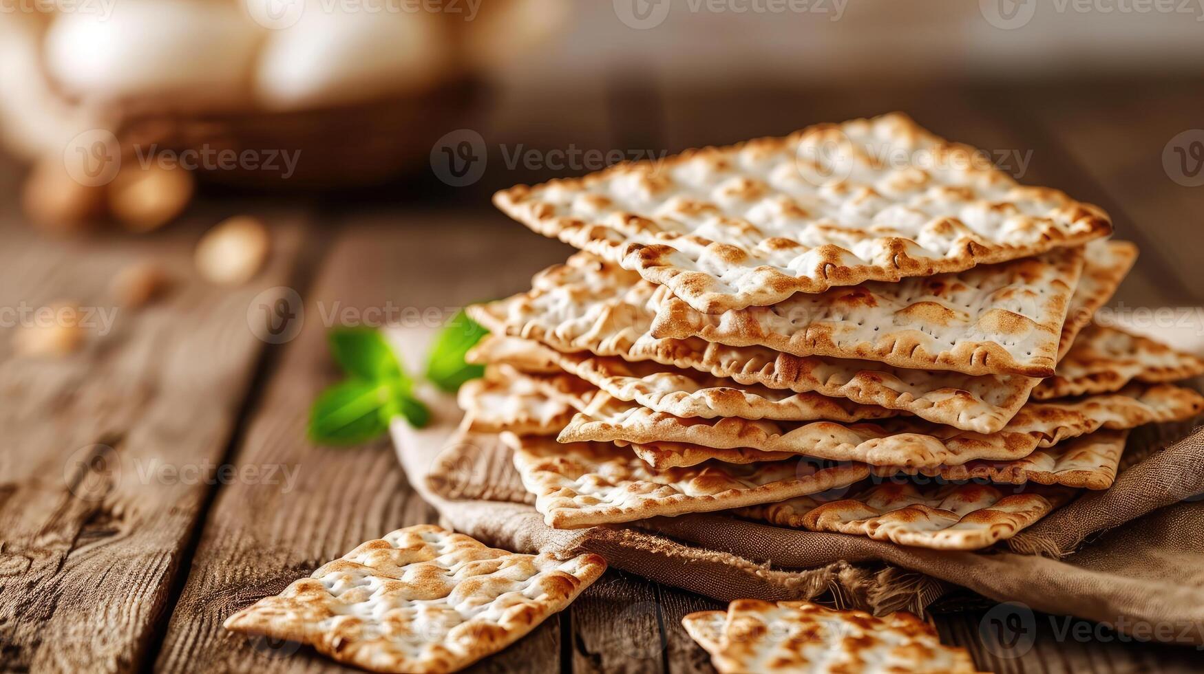 AI generated Rustic Passover Setting with Stacked Matzah on Wooden Table. photo