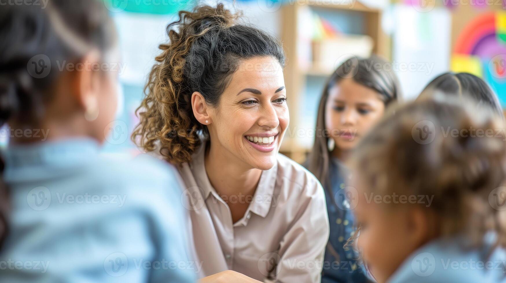 ai generado alegre hembra profesor interactuando con diverso joven estudiantes. foto