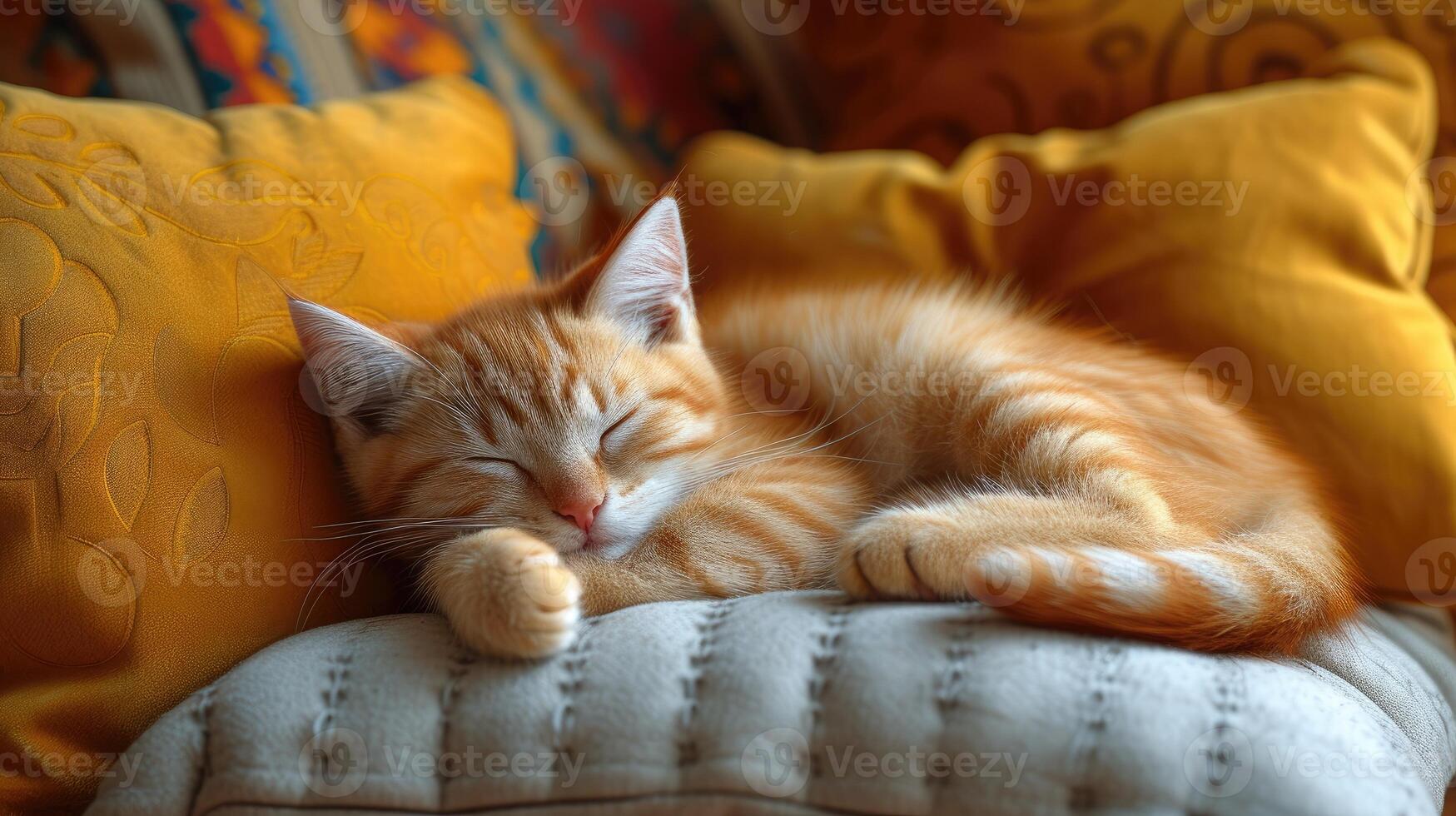 ai generado Doméstico atigrado gato siesta pacíficamente en un almohada. foto