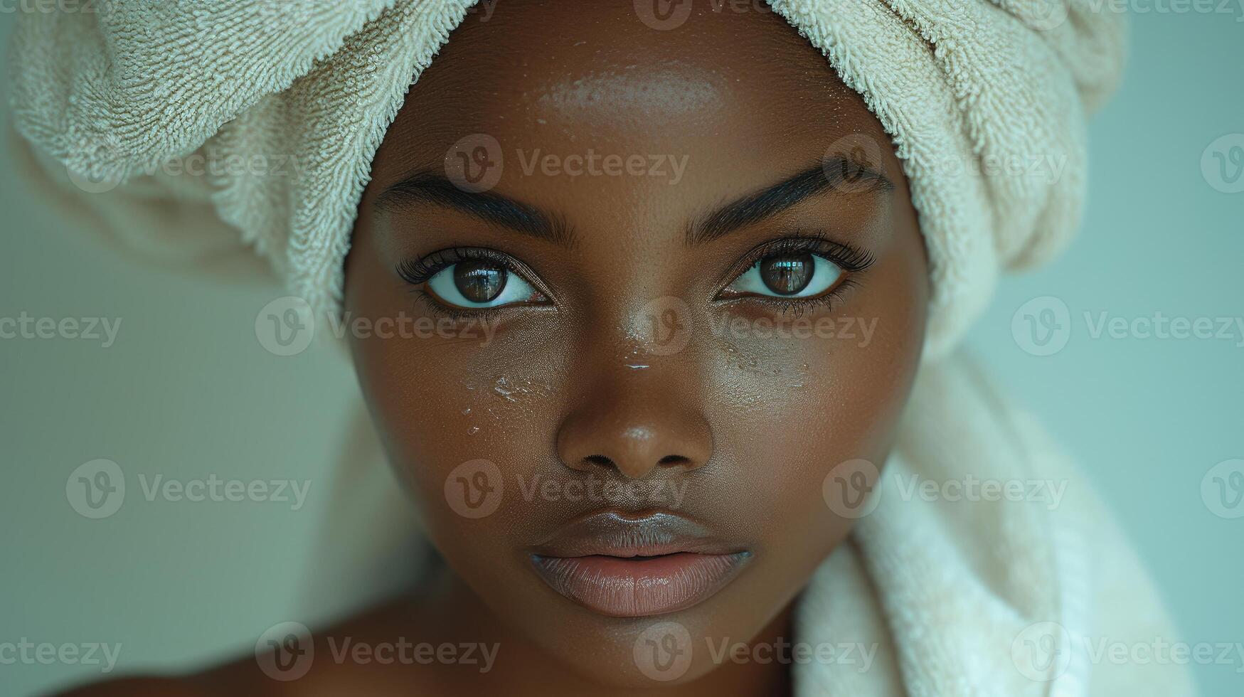 AI generated Serene Woman with Dewy Complexion Close-Up Portrait. photo