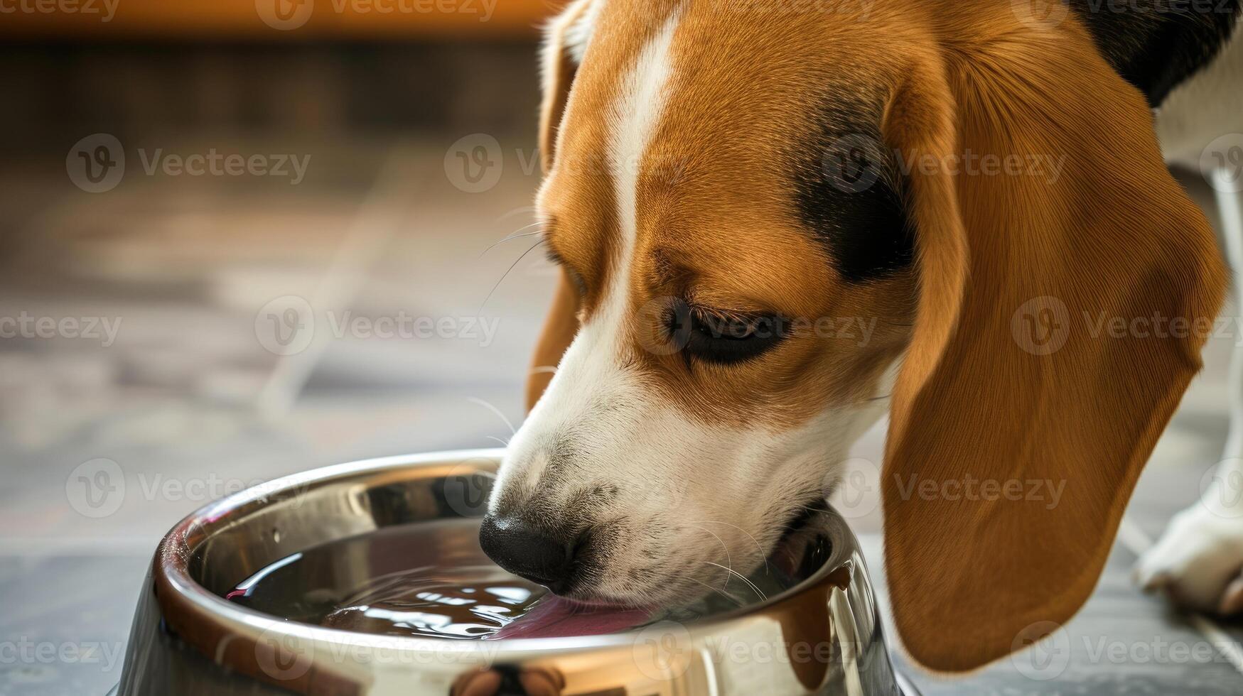 AI generated Thirsty Dog Drinking Water from Kitchen Bowl. photo