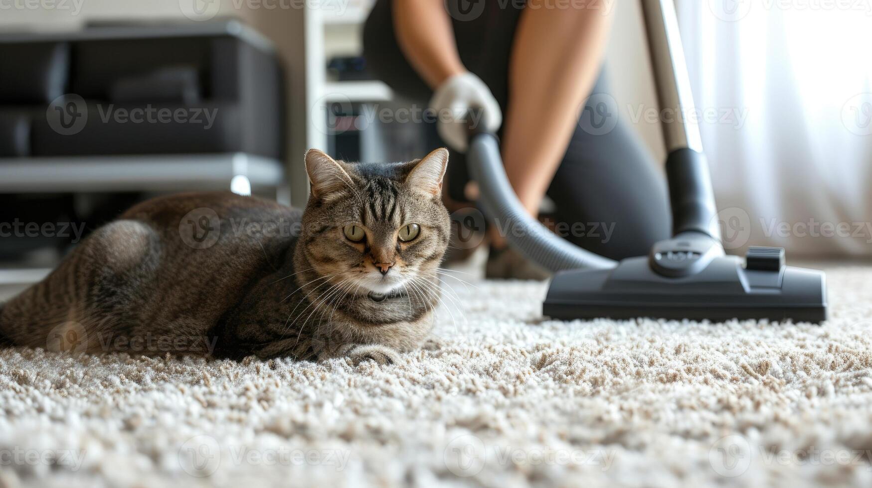 ai generado mujer Pasar la aspiradora alfombra, gato acecho cercanamente cercano. foto