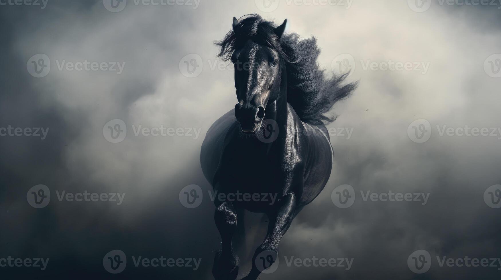 ai generado majestuoso negro caballo Galopando mediante ondulante polvo. foto