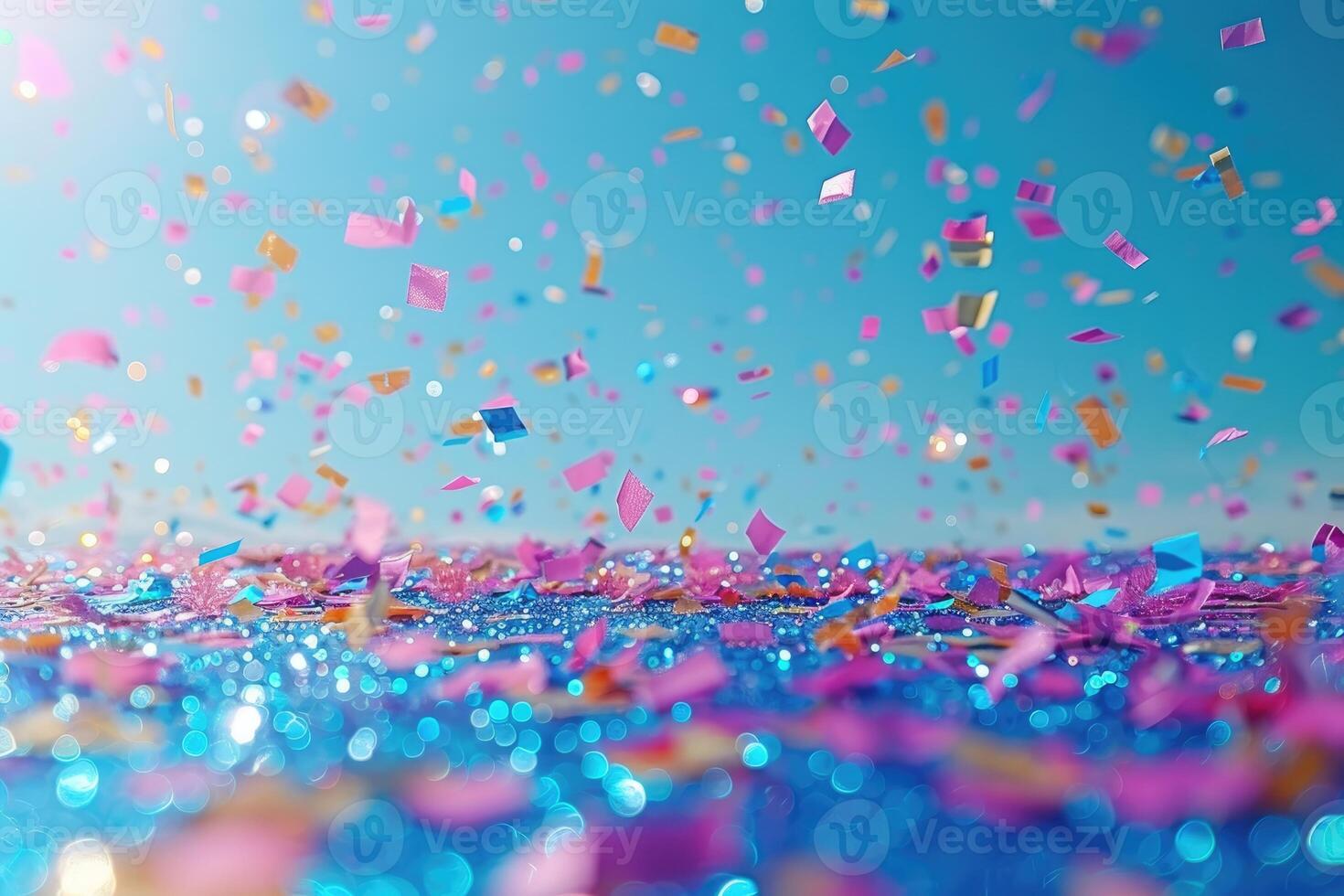 AI generated papers confetti falling in the bright blue sky professional photography background photo