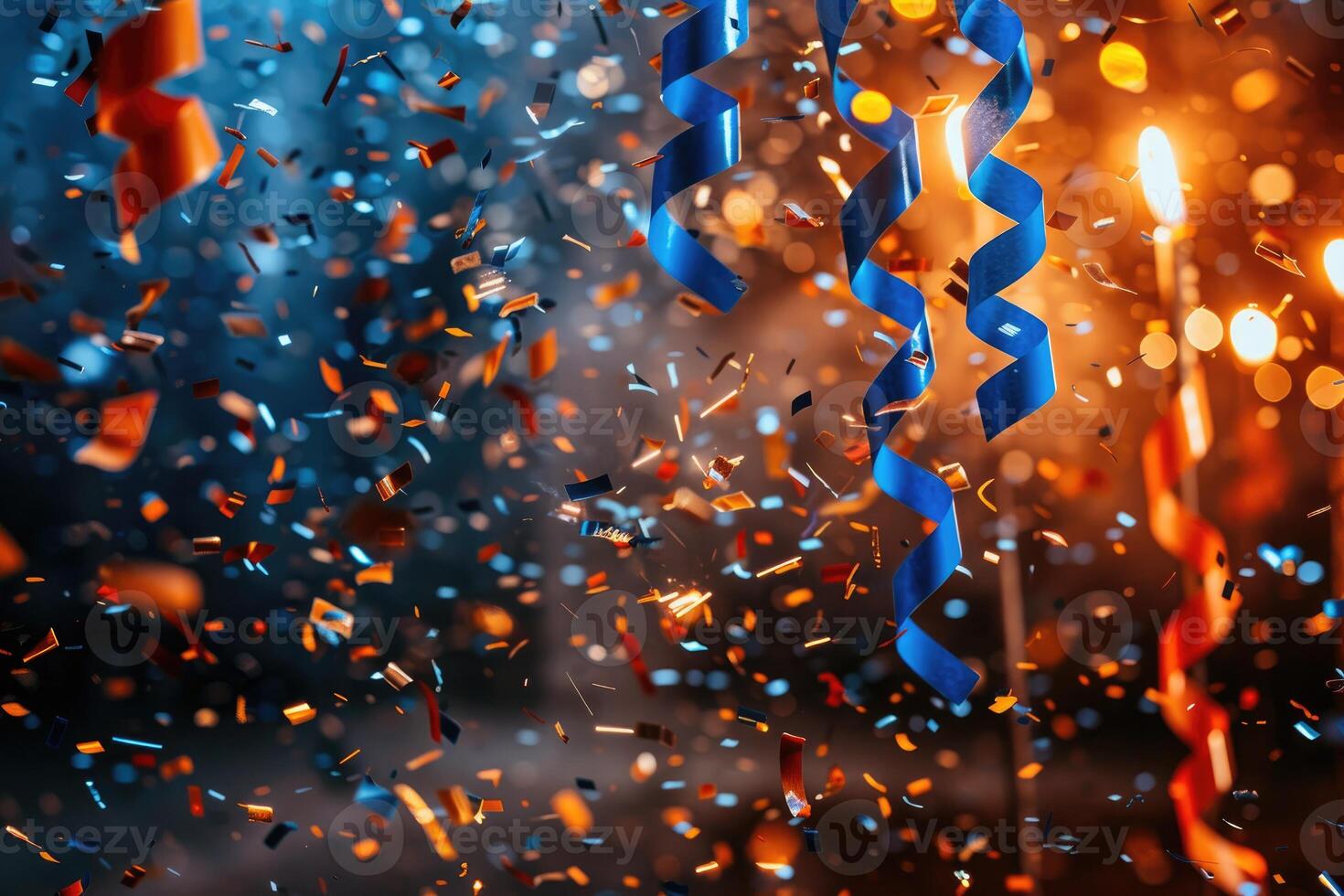 AI generated papers confetti falling in the bright blue sky professional photography background photo