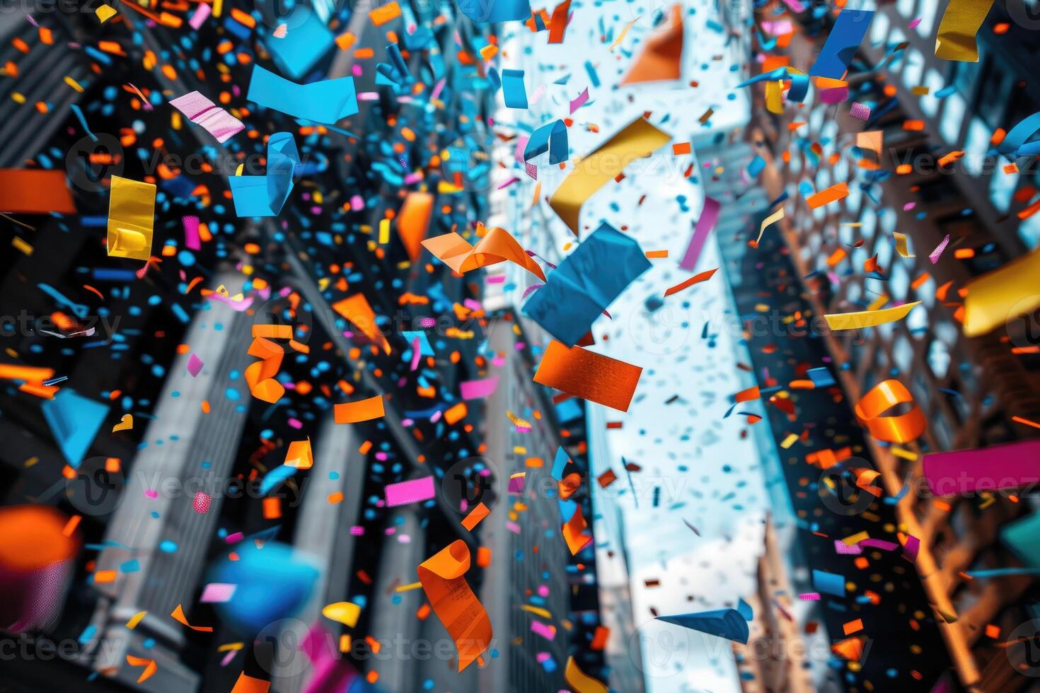 AI generated papers confetti falling in the bright blue sky professional photography background photo