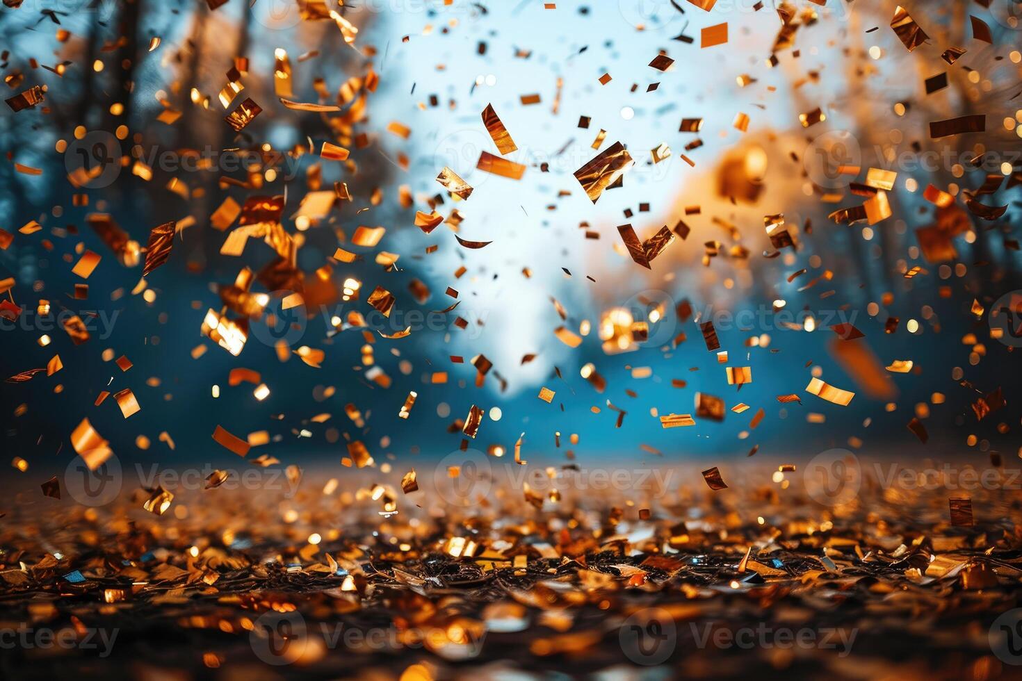 AI generated papers confetti falling in the bright blue sky professional photography background photo