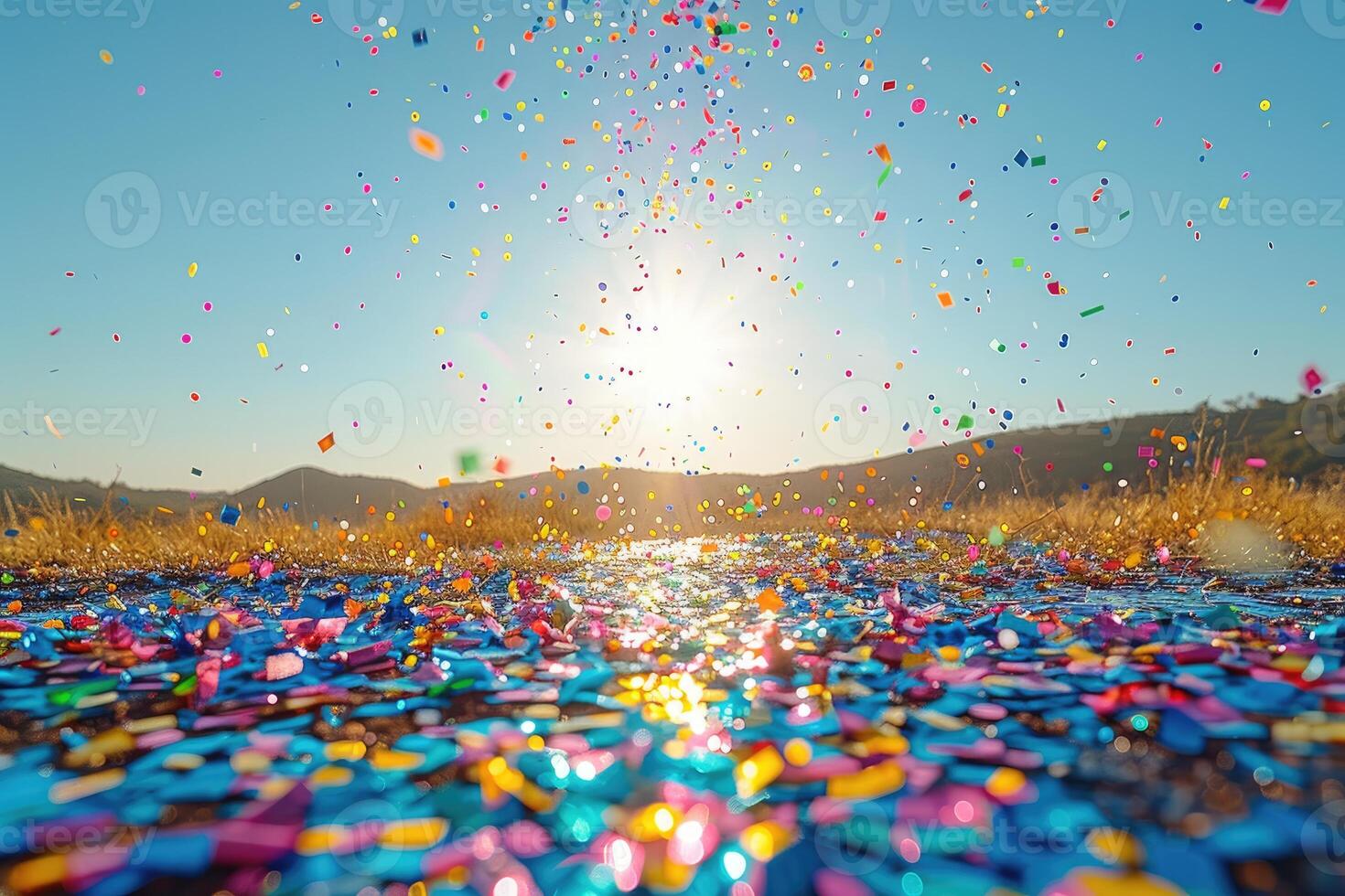 AI generated papers confetti falling in the bright blue sky professional photography background photo