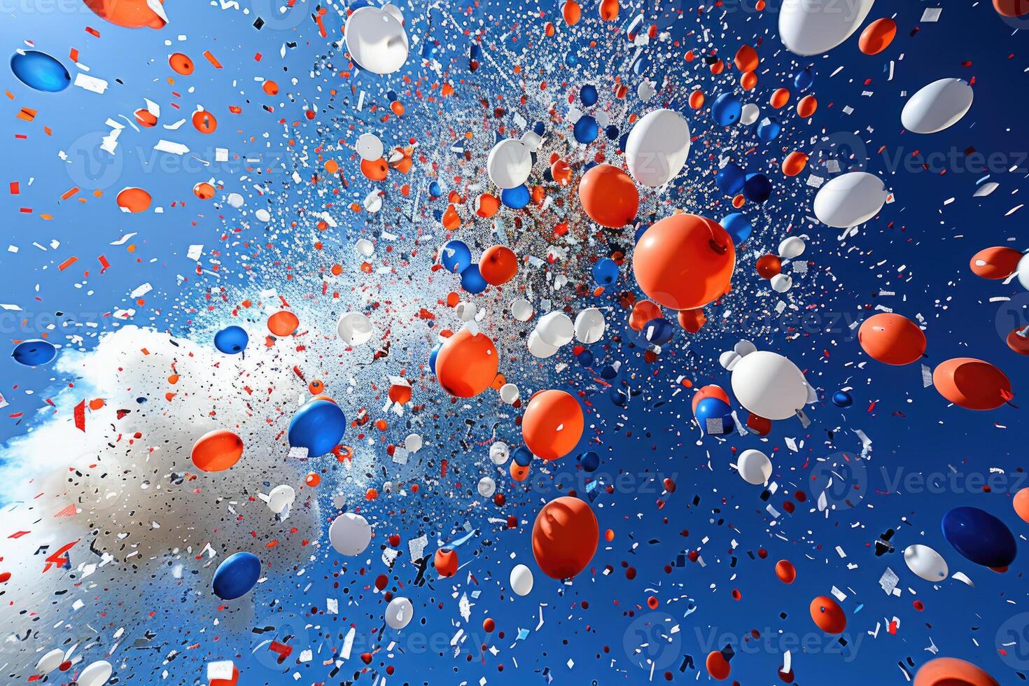 AI generated papers confetti falling in the bright blue sky professional photography background photo