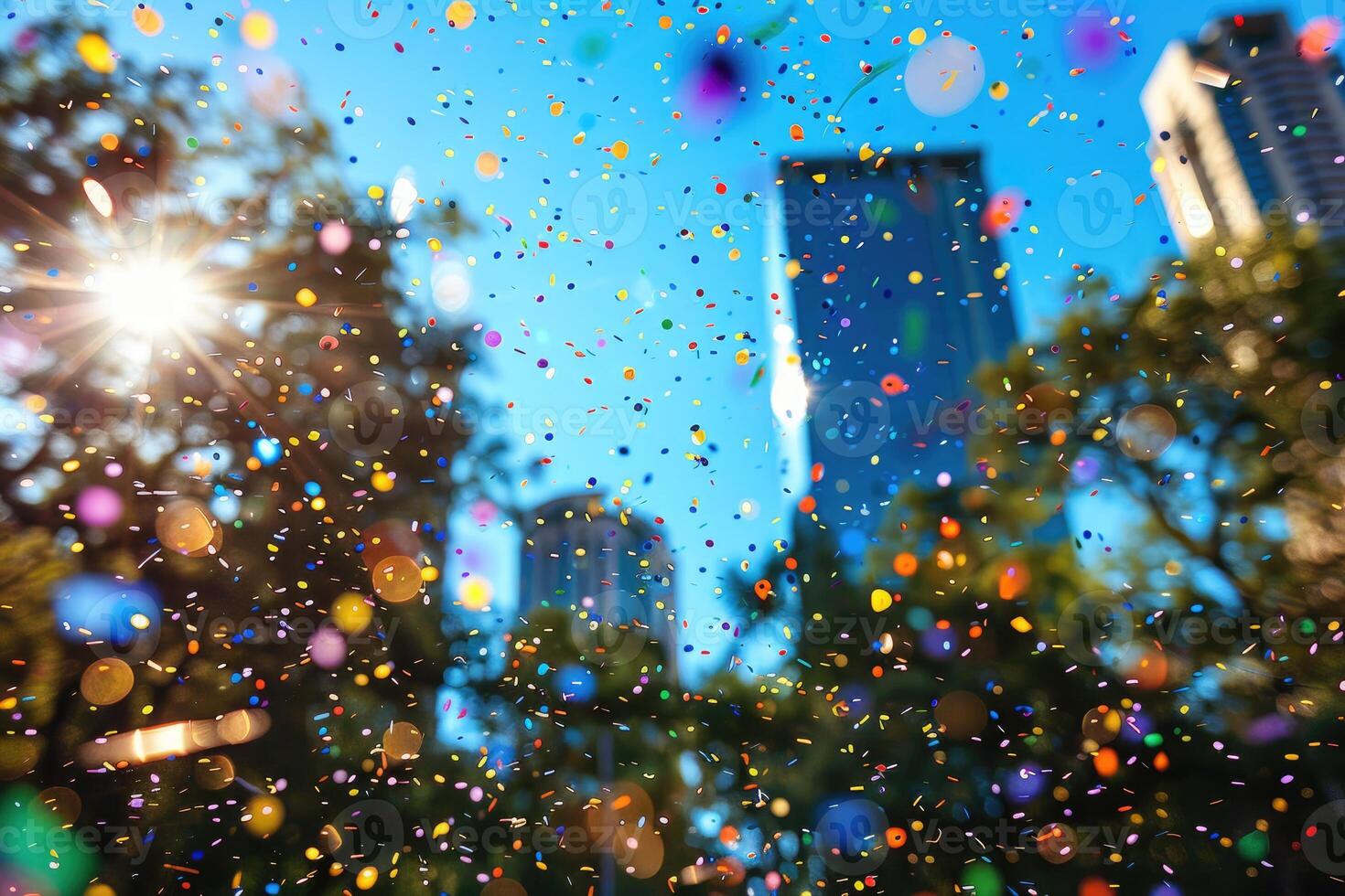 AI generated papers confetti falling in the bright blue sky professional photography background photo