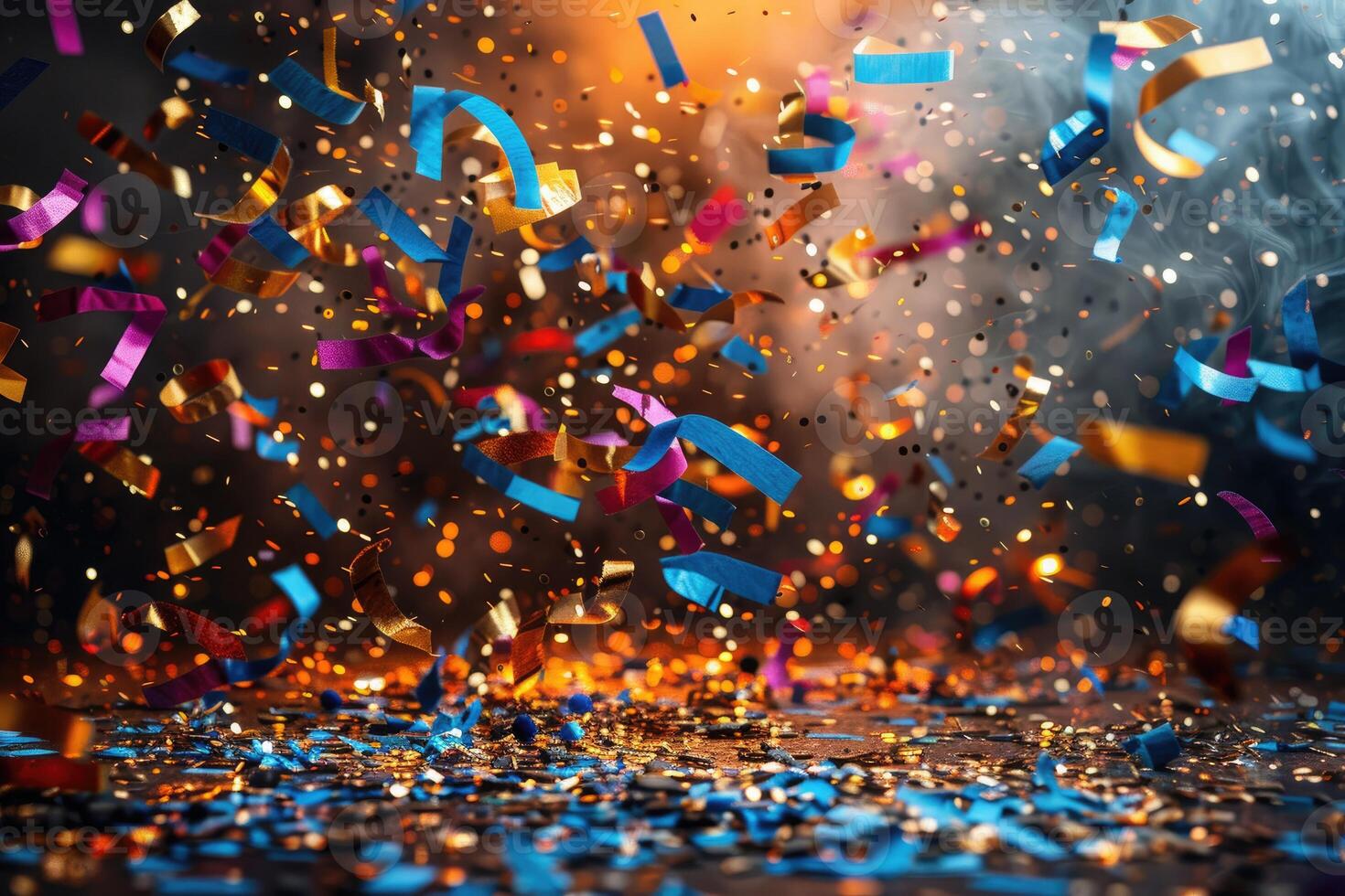 AI generated papers confetti falling in the bright blue sky professional photography background photo