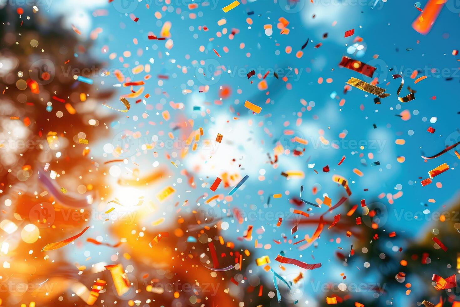 AI generated papers confetti falling in the bright blue sky professional photography background photo