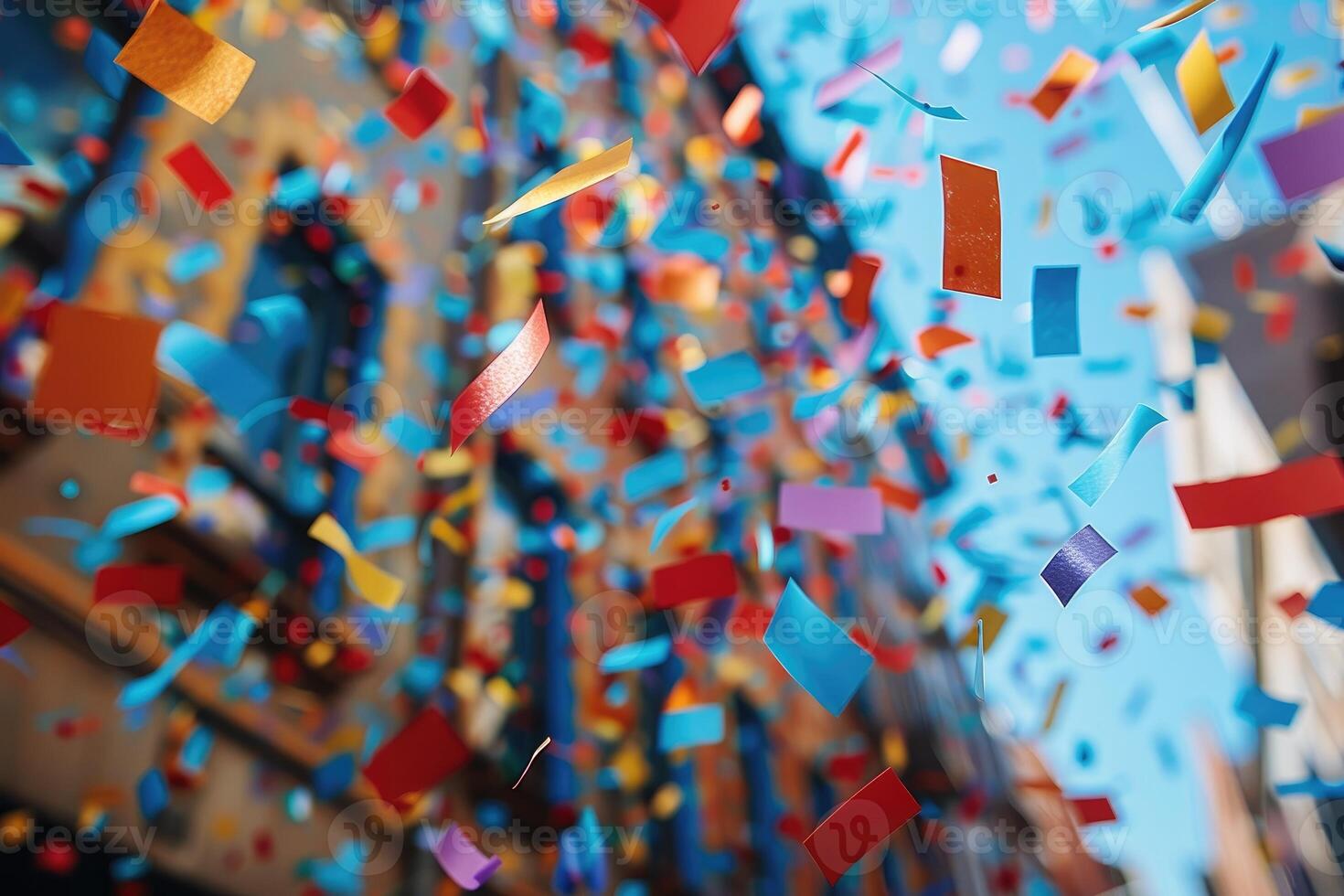 AI generated papers confetti falling in the bright blue sky professional photography background photo