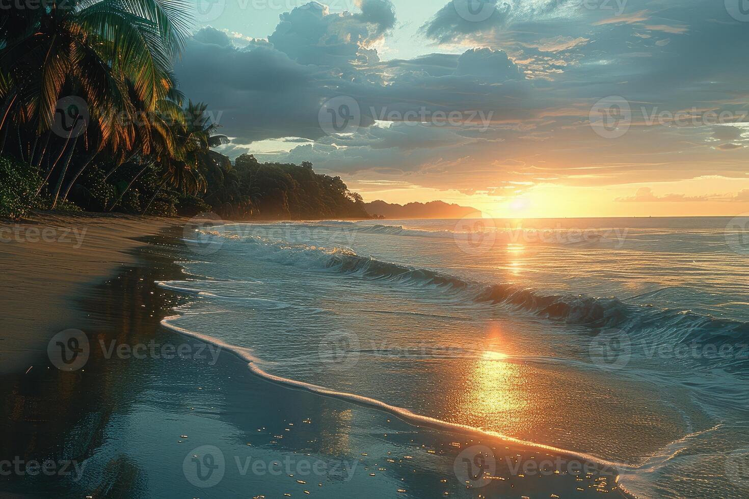 AI generated beautiful tropical sunset on ocean beach professional photography photo