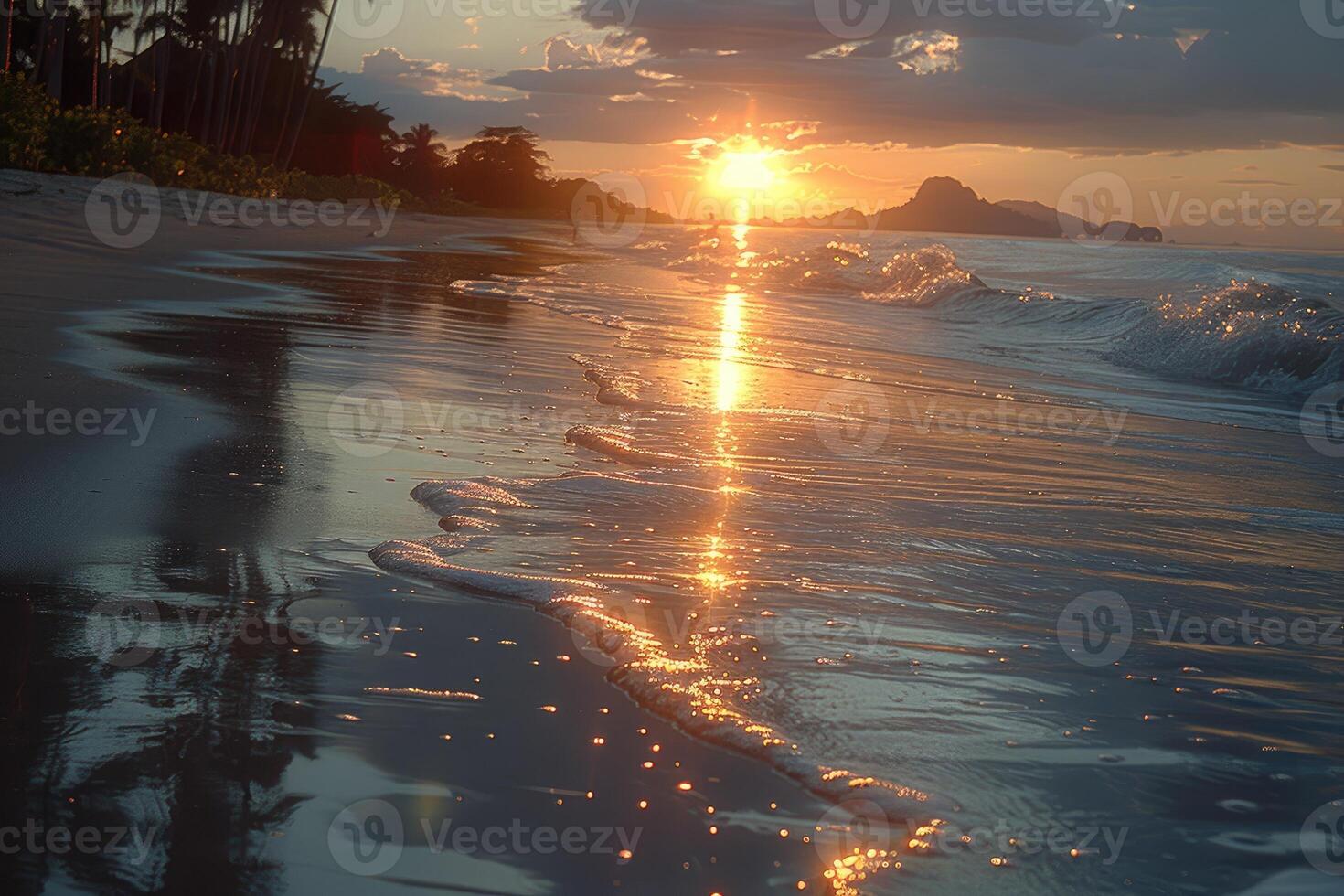 AI generated beautiful tropical sunset on ocean beach professional photography photo