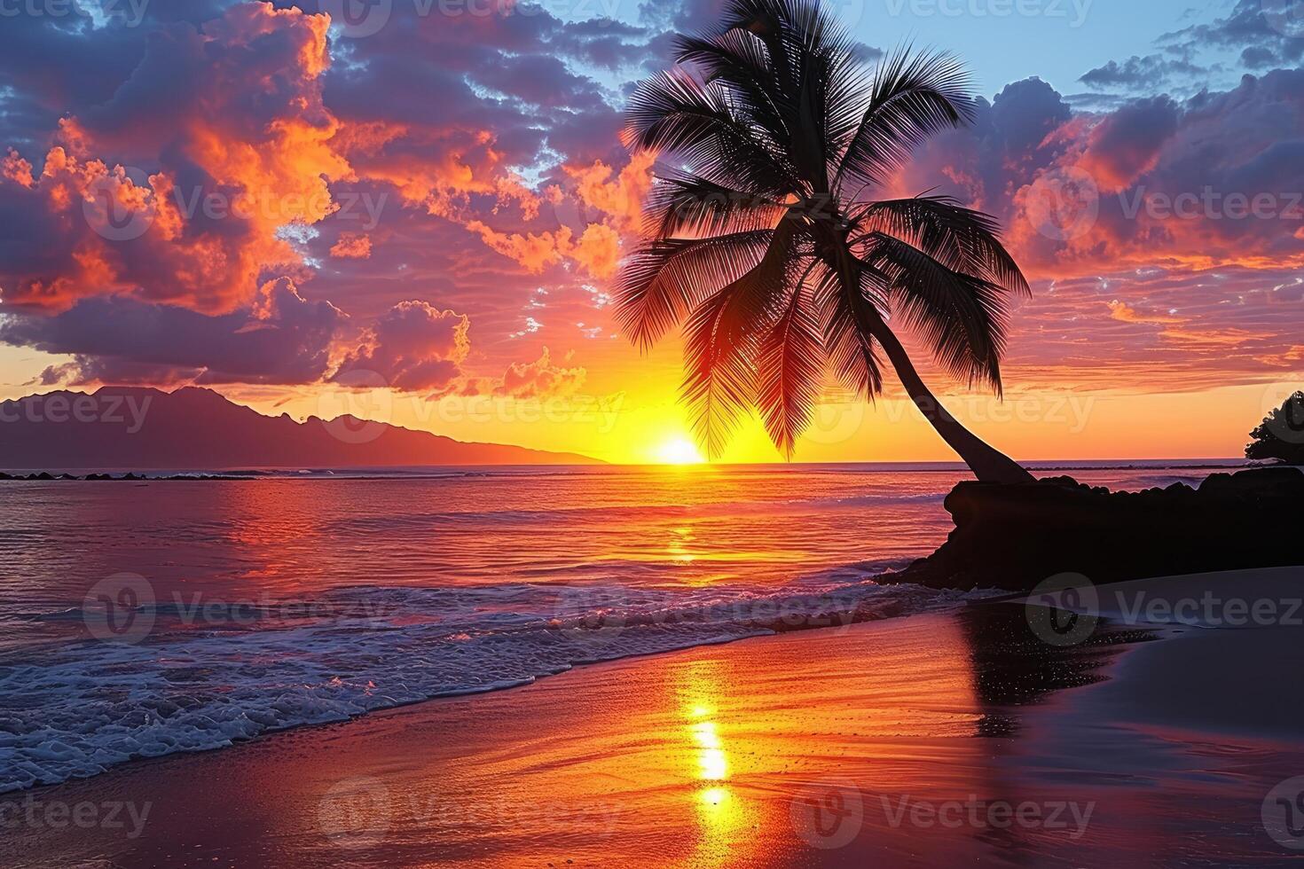 AI generated beautiful tropical sunset on ocean beach professional photography photo