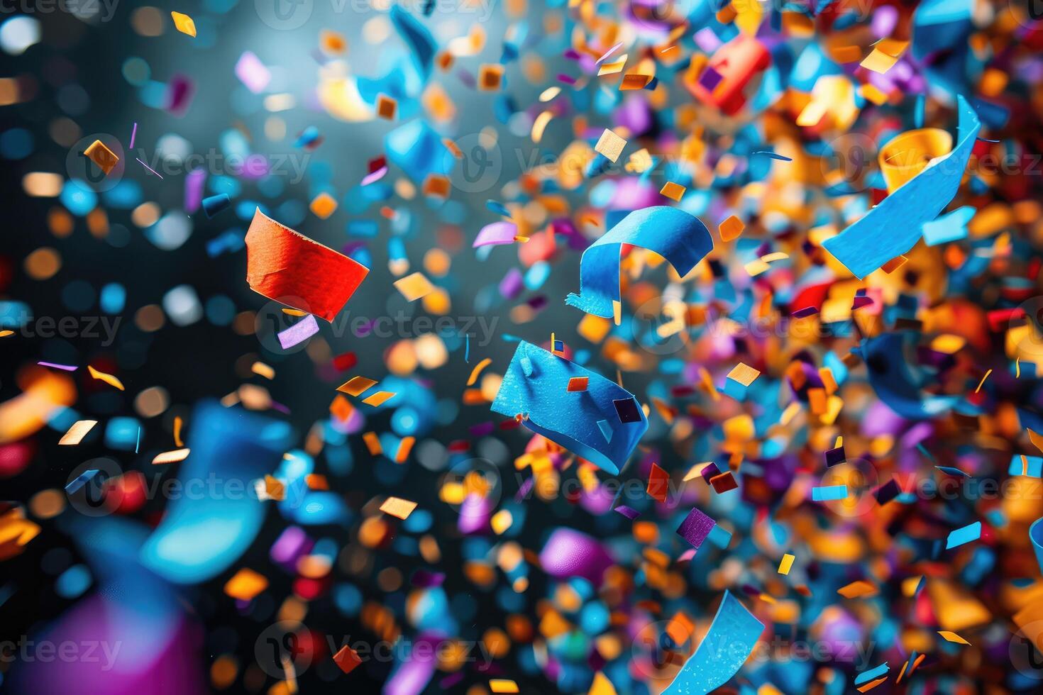 AI generated papers confetti falling in the bright blue sky professional photography background photo