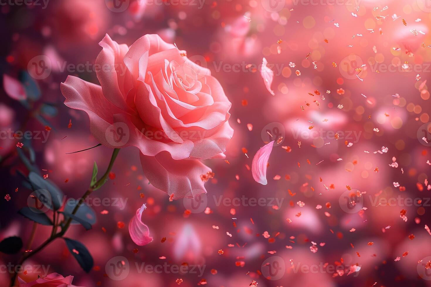 AI generated petal flowers confetti falling from a bright blue sky on an autumn or spring professional photography photo